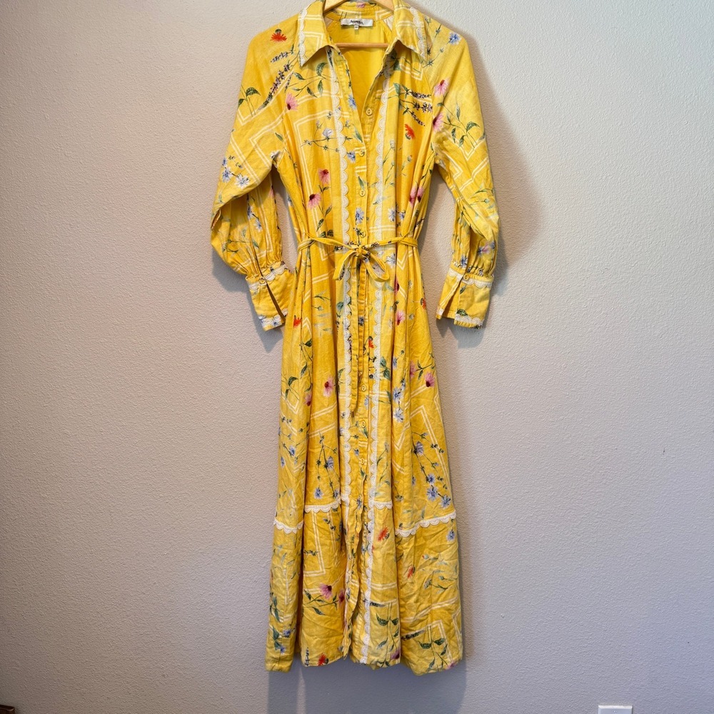 Aureta Yellow Floral Linen Blend Button Front Maxi Shirt Dress Womens Size M